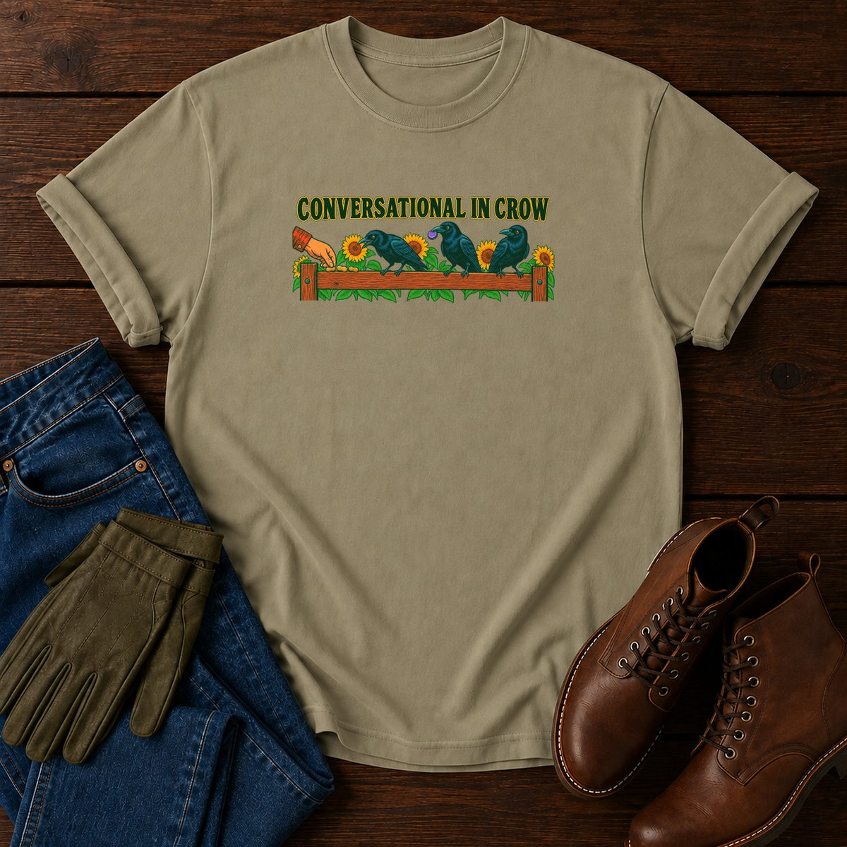Conversational In Crow T-Shirt — Khaki
