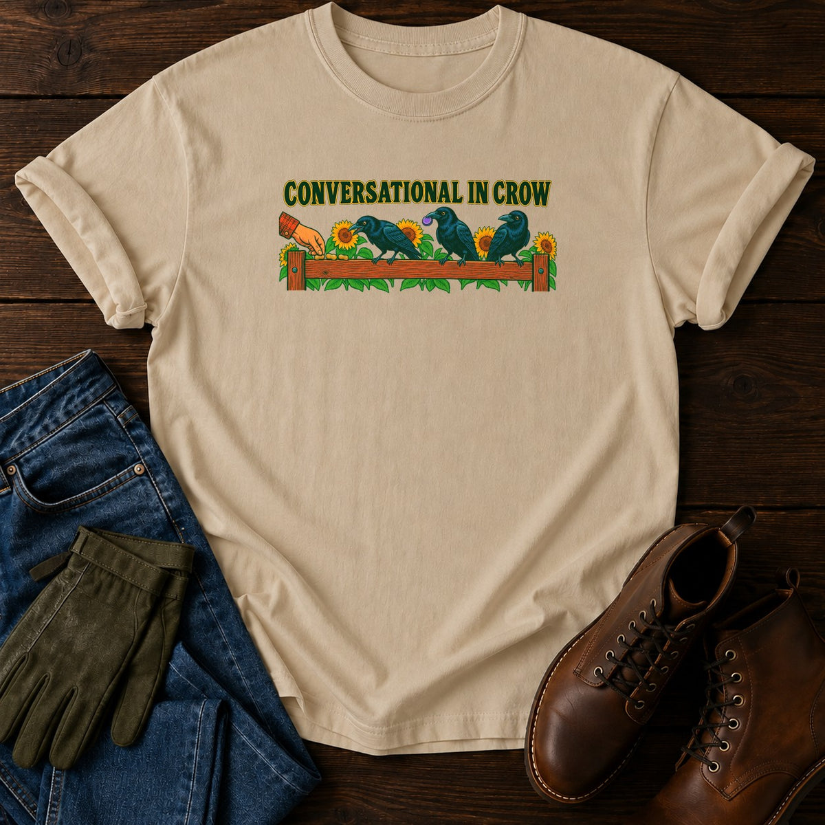 Conversational In Crow T-Shirt — Sandstone