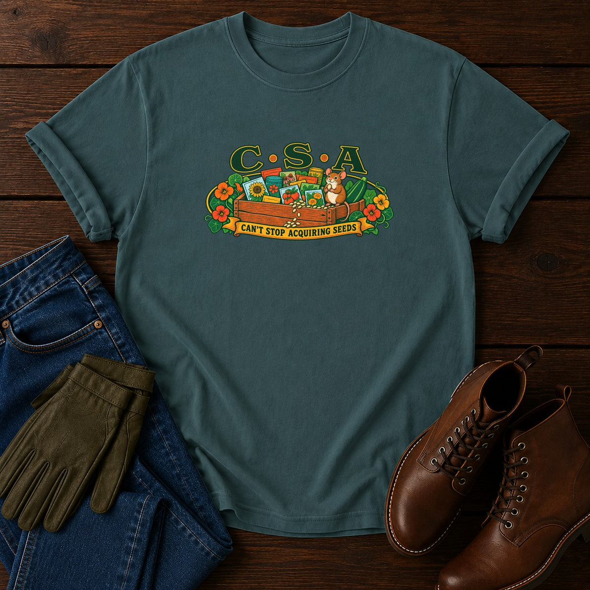 C.S.A. Can't Stop Acquiring Seeds T-Shirt — Blue Spruce