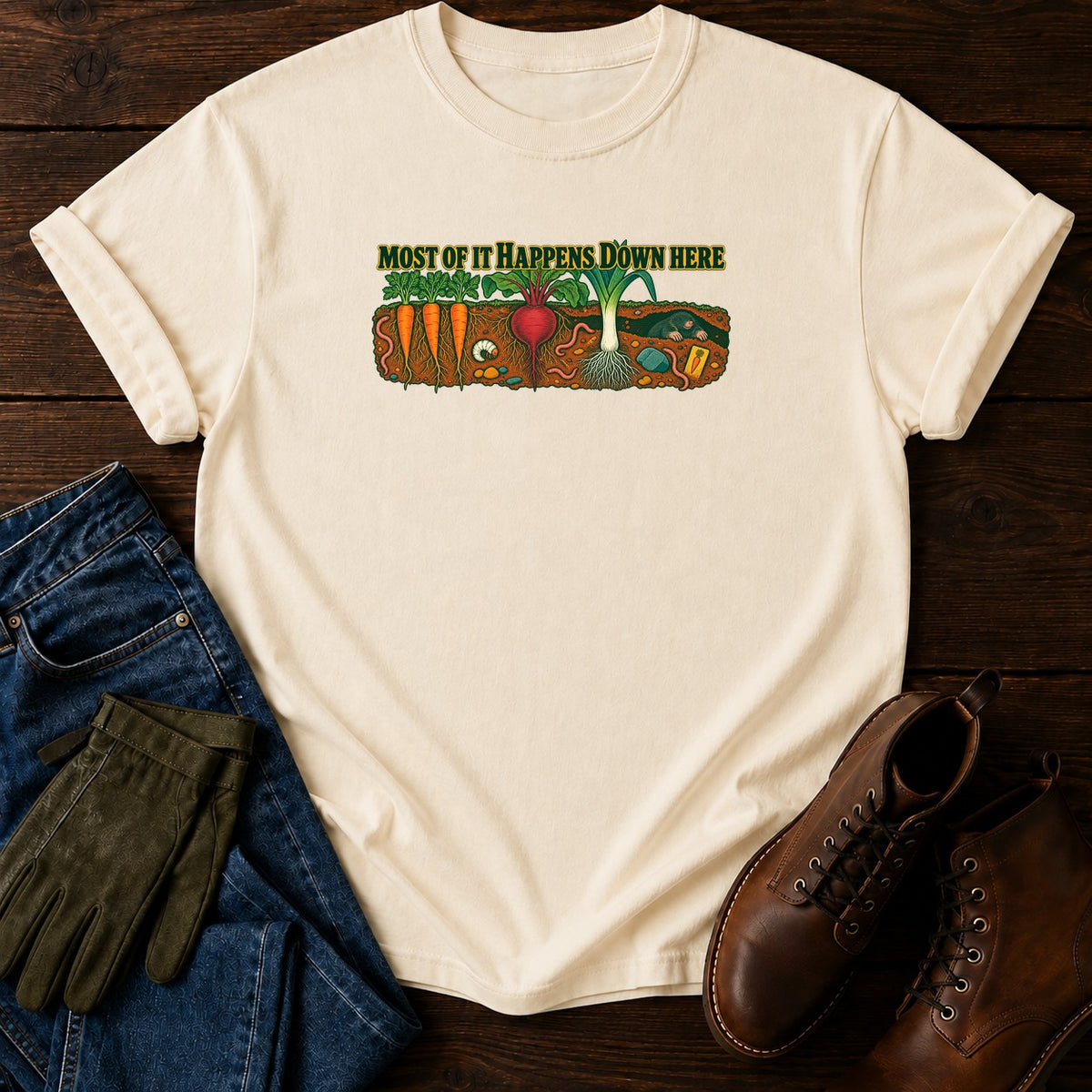 Most Of It Happens Down Here T-Shirt — Ivory