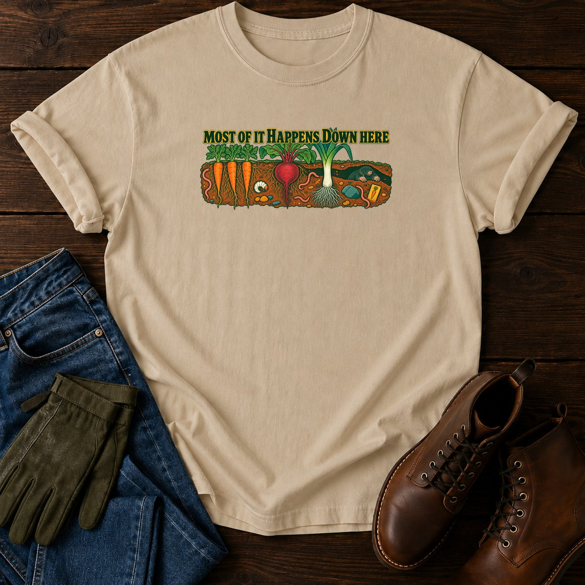 Most Of It Happens Down Here T-Shirt — Sandstone