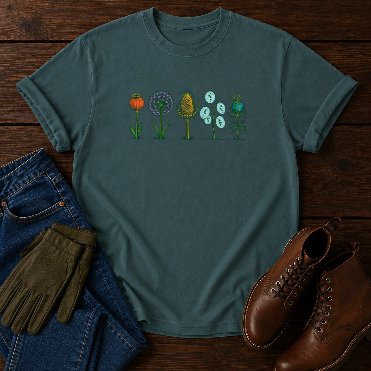Five Seed Heads T-Shirt — Blue Spruce