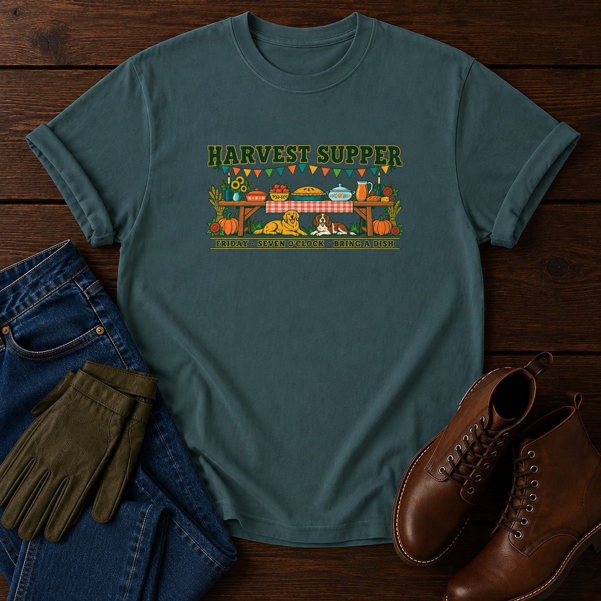 Harvest Supper T-Shirt — Blue Spruce