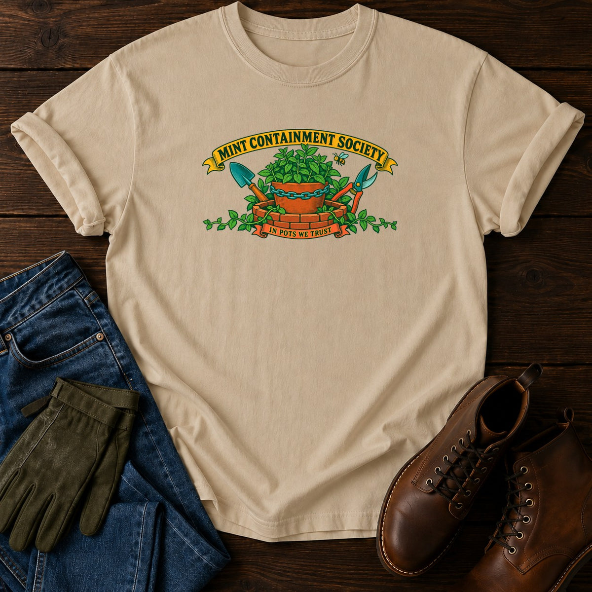 Mint Containment Society T-Shirt — Sandstone