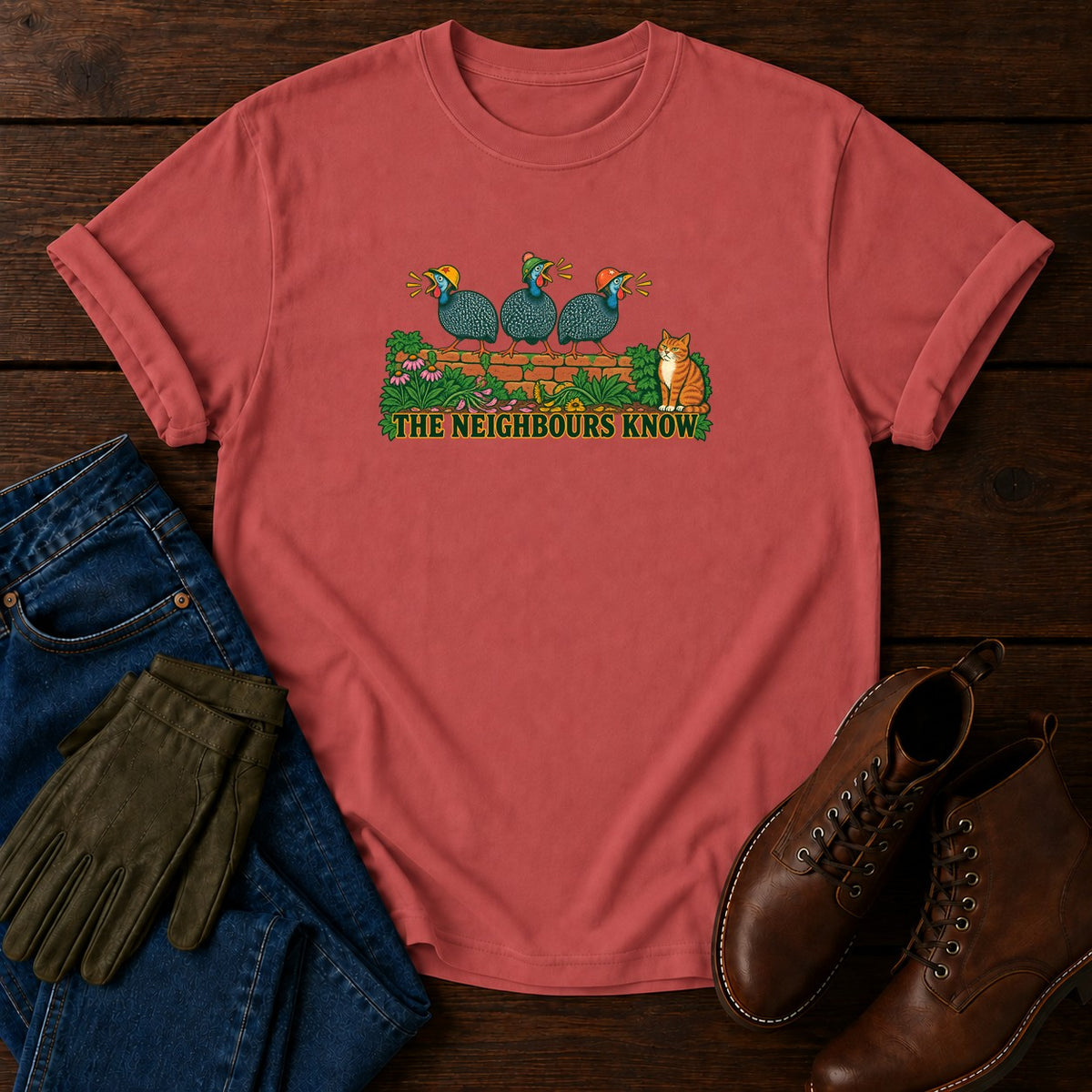 The Neighbours Know T-Shirt — Crimson