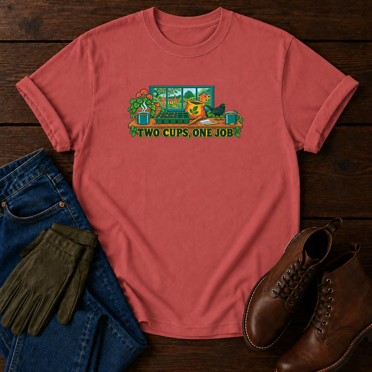 Two Cups, One Job T-Shirt — Crimson