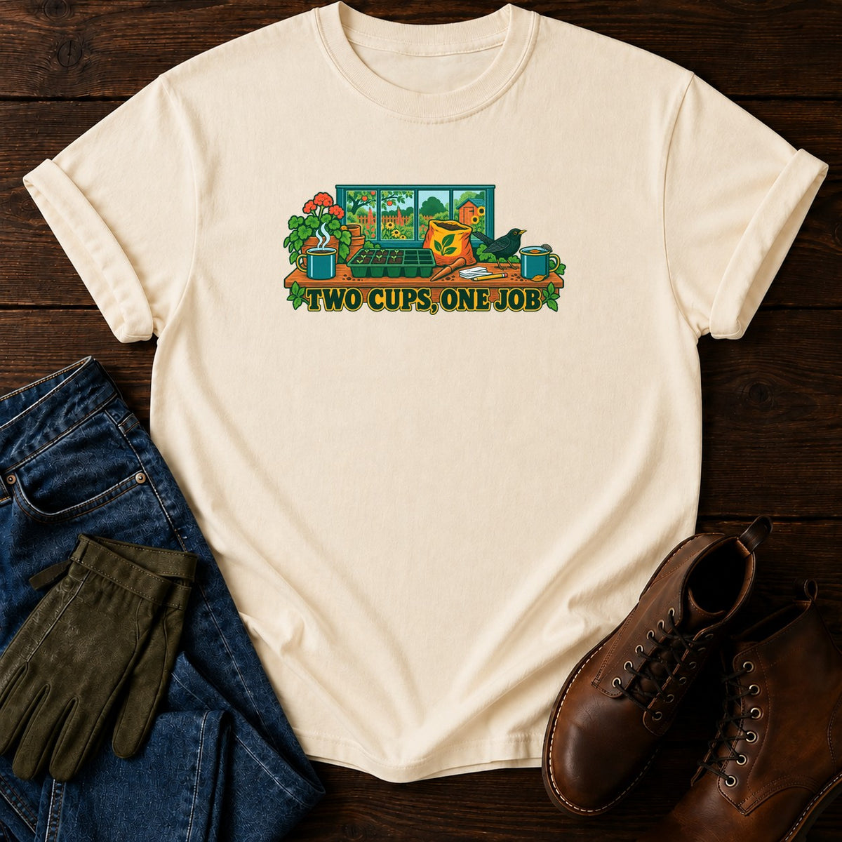 Two Cups, One Job T-Shirt — Ivory