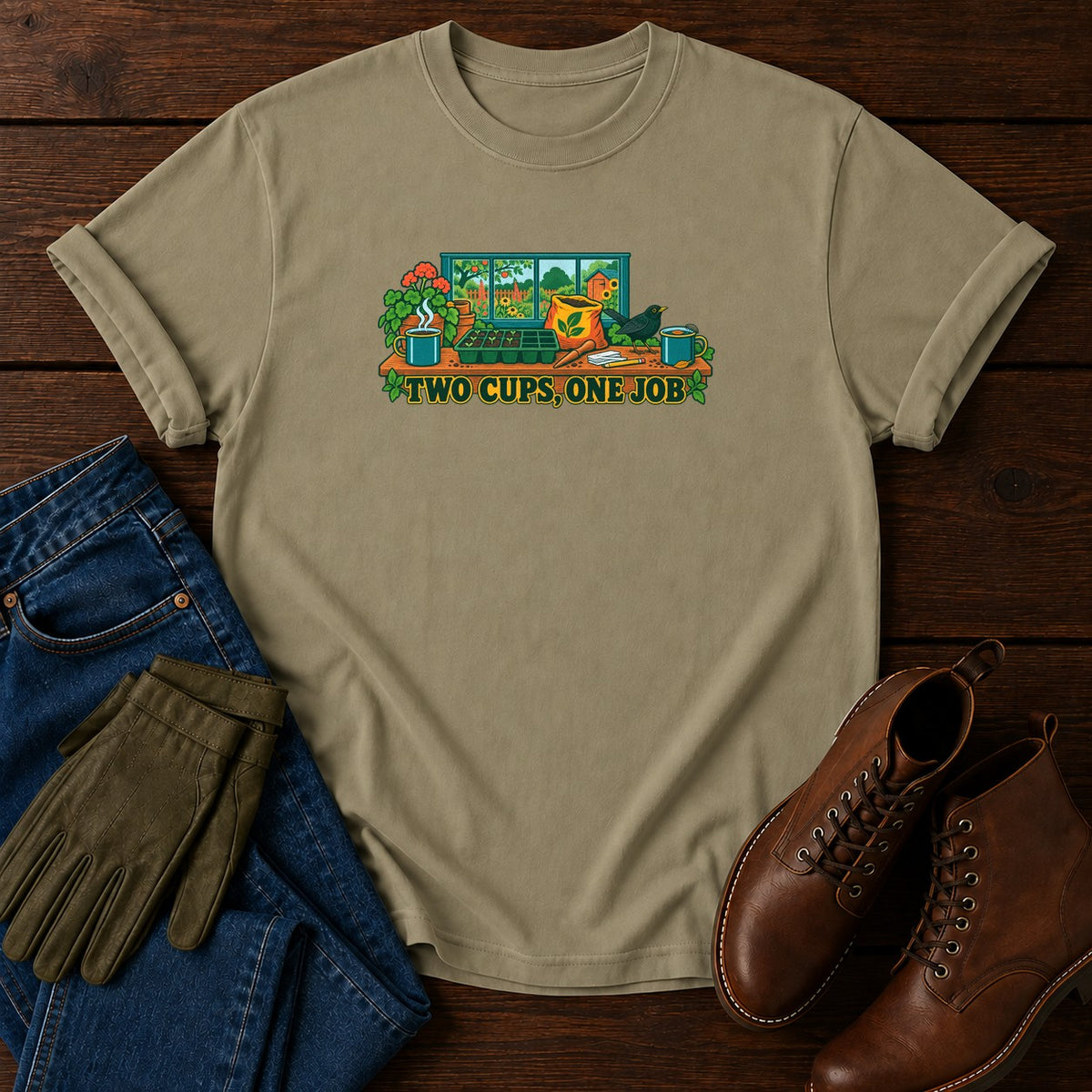 Two Cups, One Job T-Shirt — Khaki