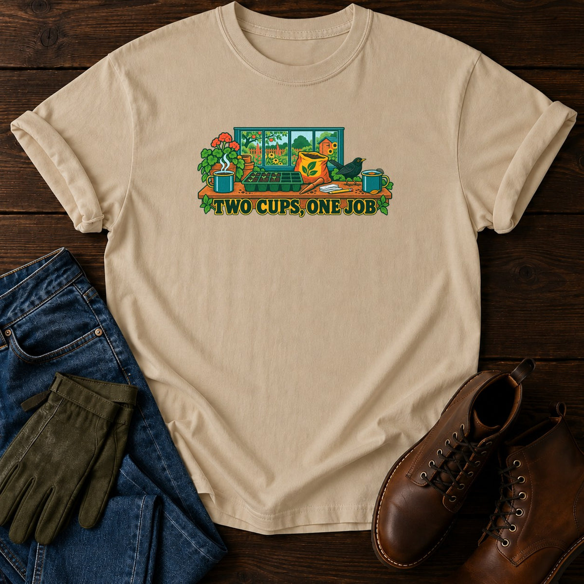 Two Cups, One Job T-Shirt — Sandstone