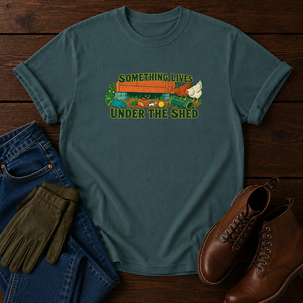 Something Lives Under The Shed T-Shirt — Blue Spruce