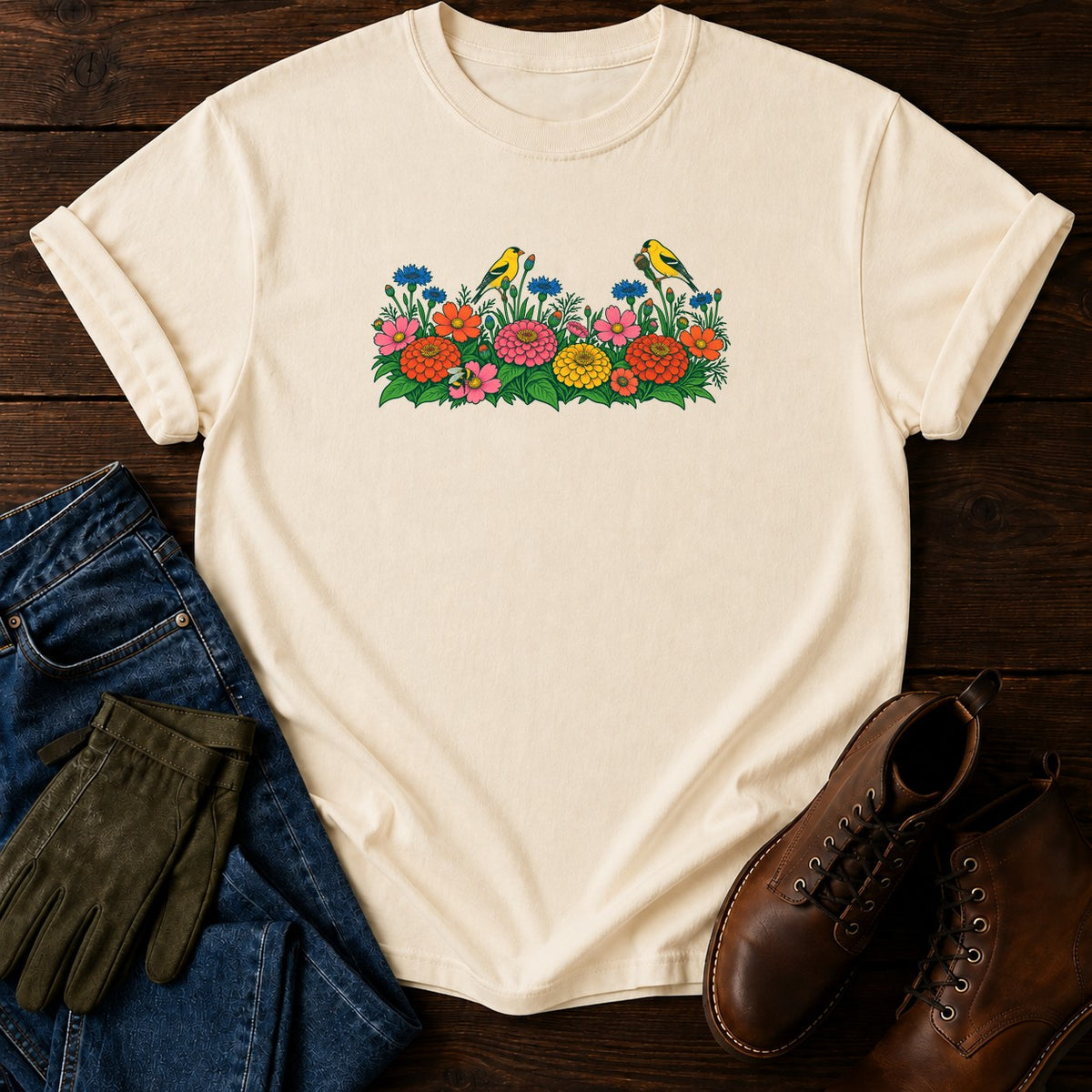 Zinnias And Goldfinches T-Shirt — Ivory