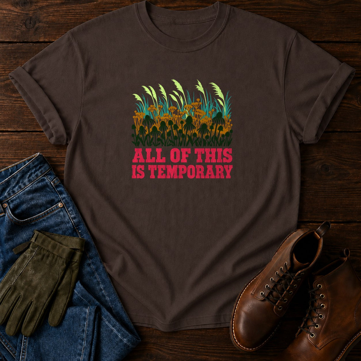 All Of This Is Temporary Funny Dark Humor Garden T-Shirt — Espresso