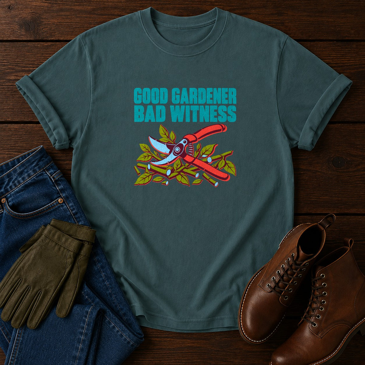 Good Gardener Bad Witness Funny Pruning Shears T-Shirt — Blue Spruce