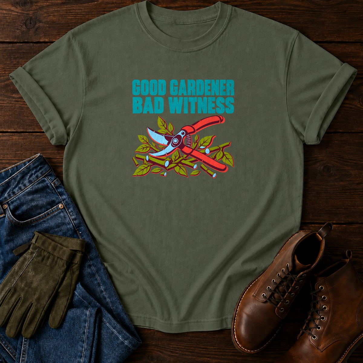 Good Gardener Bad Witness Funny Pruning Shears T-Shirt — Moss