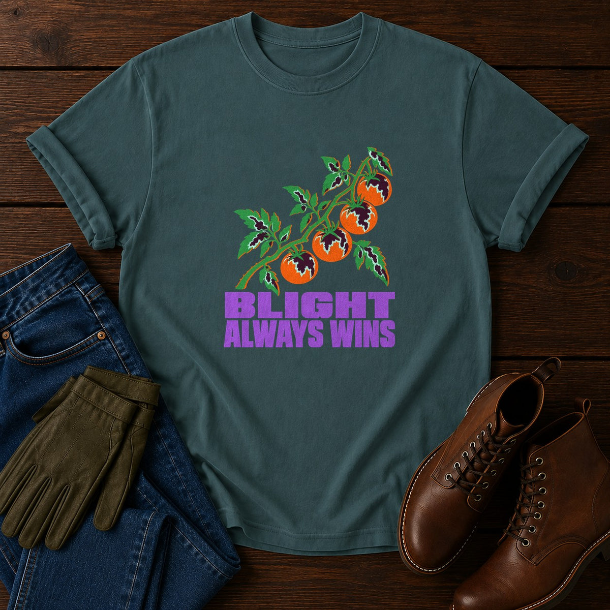 Blight Always Wins Funny Tomato Gardening Humor T-Shirt — Blue Spruce