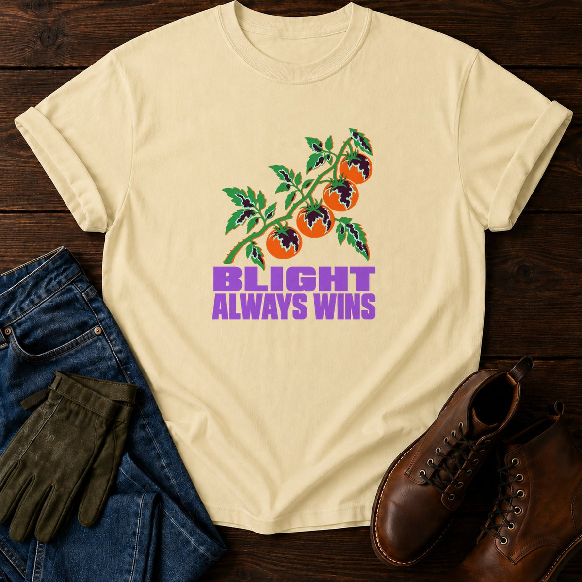 Blight Always Wins Funny Tomato Gardening Humor T-Shirt — Butter