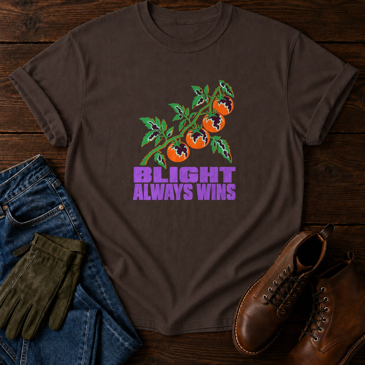 Blight Always Wins Funny Tomato Gardening Humor T-Shirt — Espresso