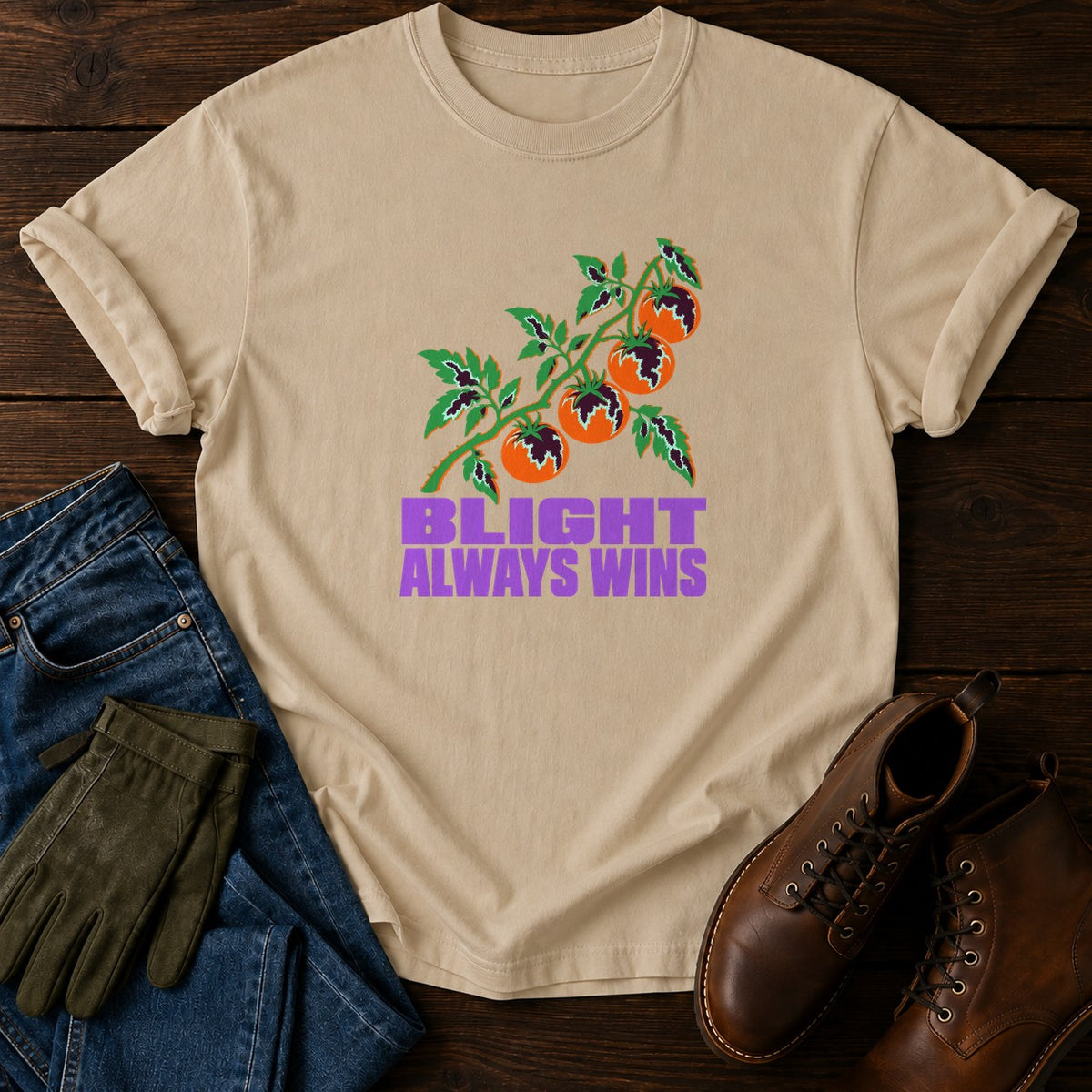 Blight Always Wins Funny Tomato Gardening Humor T-Shirt — Sandstone