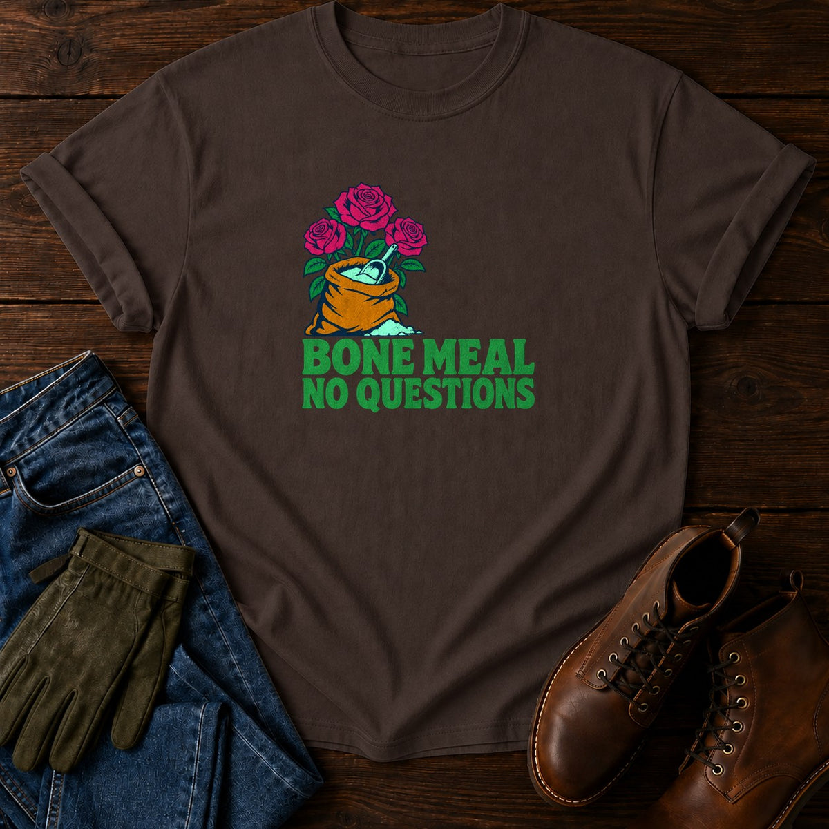 Bone Meal No Questions Funny Dark Humor Garden T-Shirt — Espresso