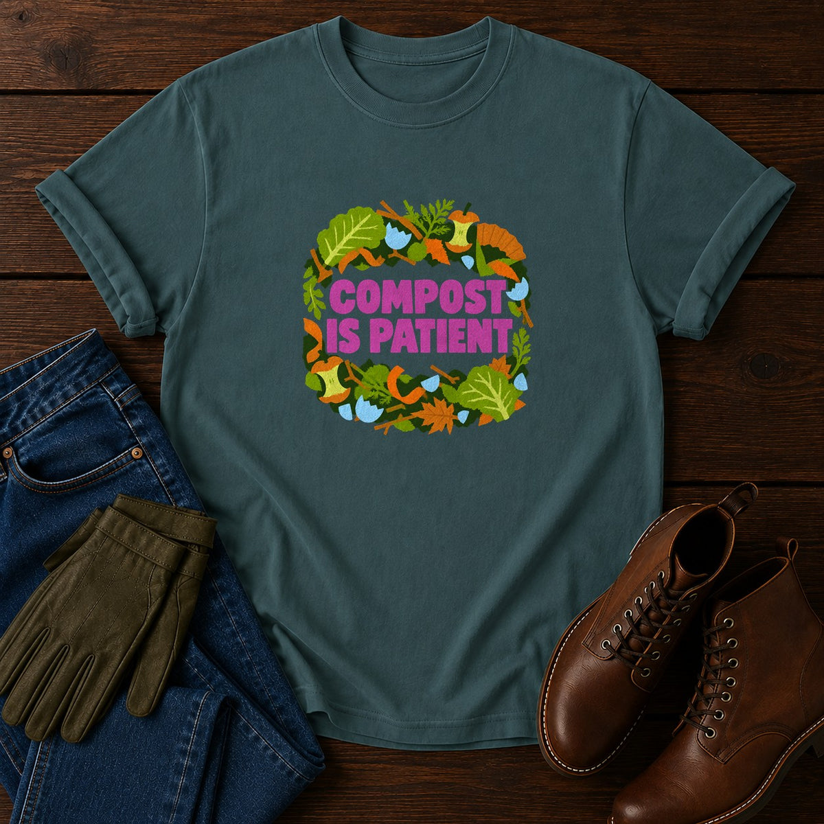 Compost Is Patient Funny Dark Humor Composting T-Shirt — Blue Spruce