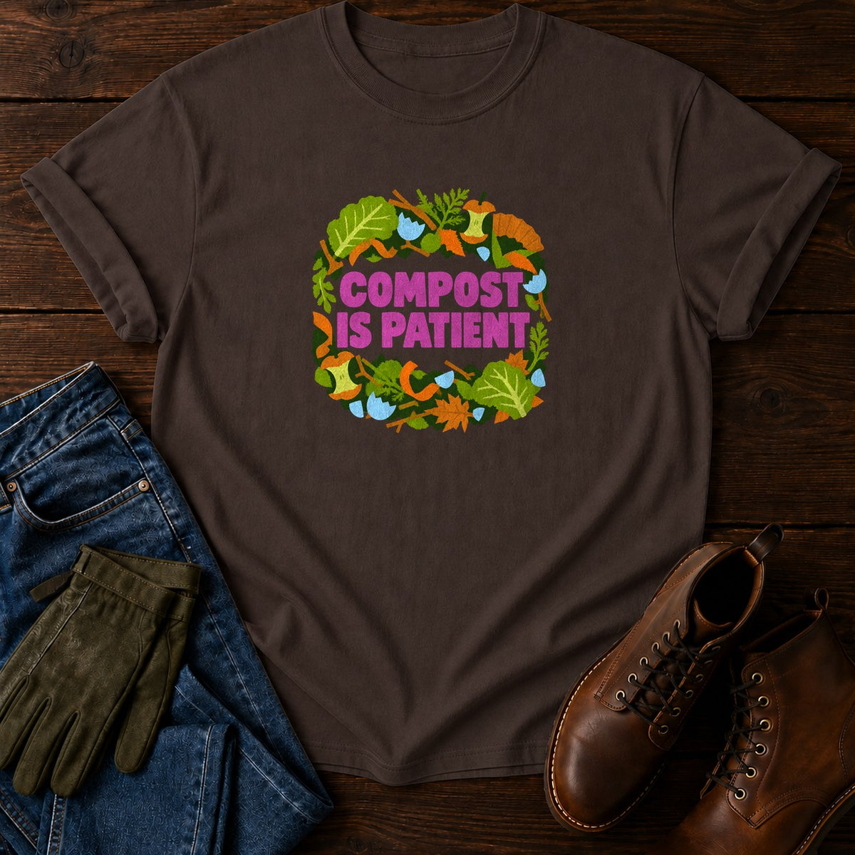 Compost Is Patient Funny Dark Humor Composting T-Shirt — Espresso