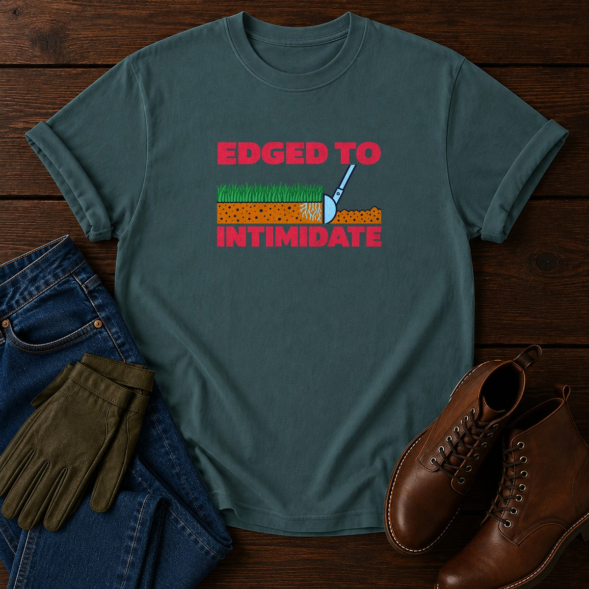 Edged To Intimidate Funny Lawn Edging Humor T-Shirt — Blue Spruce