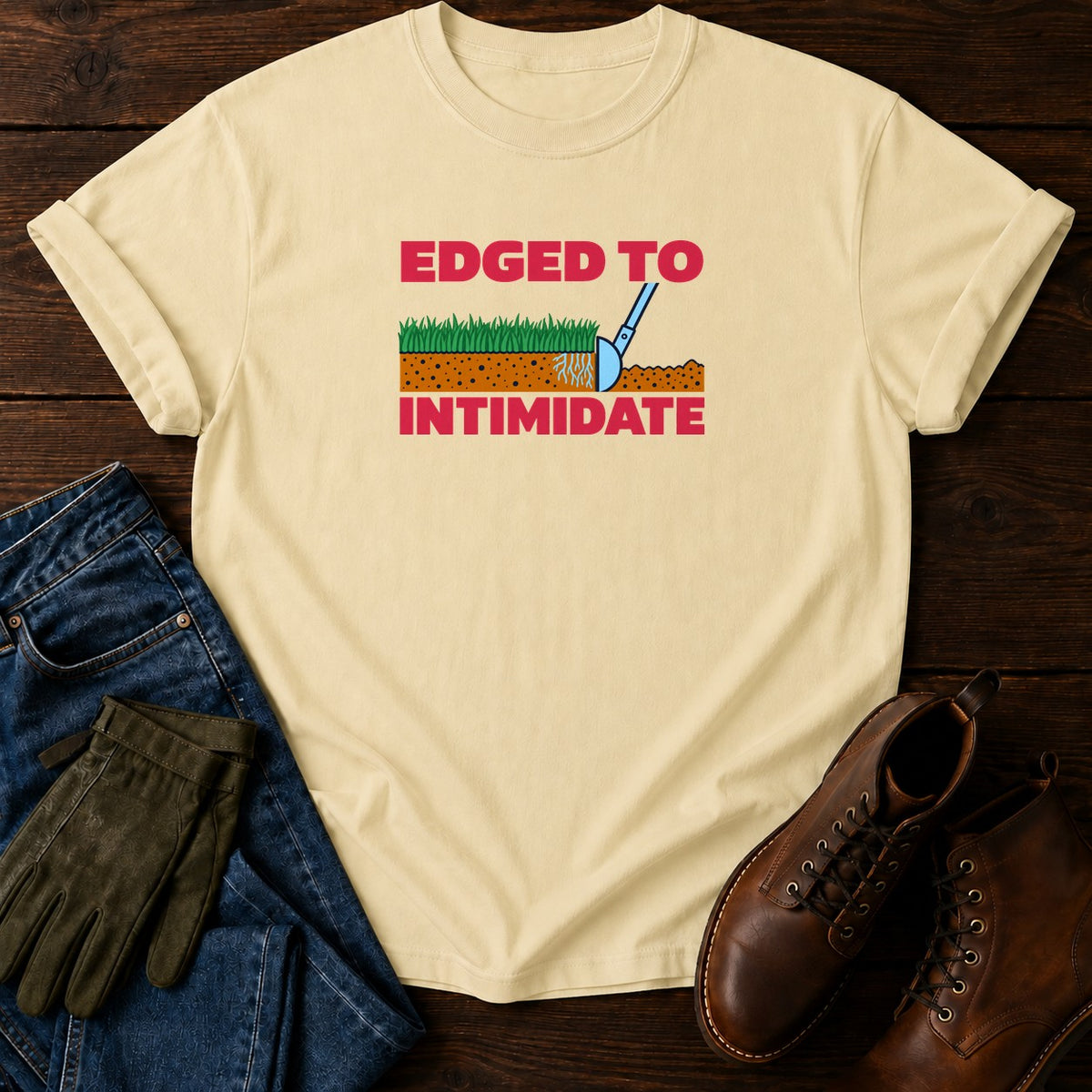 Edged To Intimidate Funny Lawn Edging Humor T-Shirt — Butter