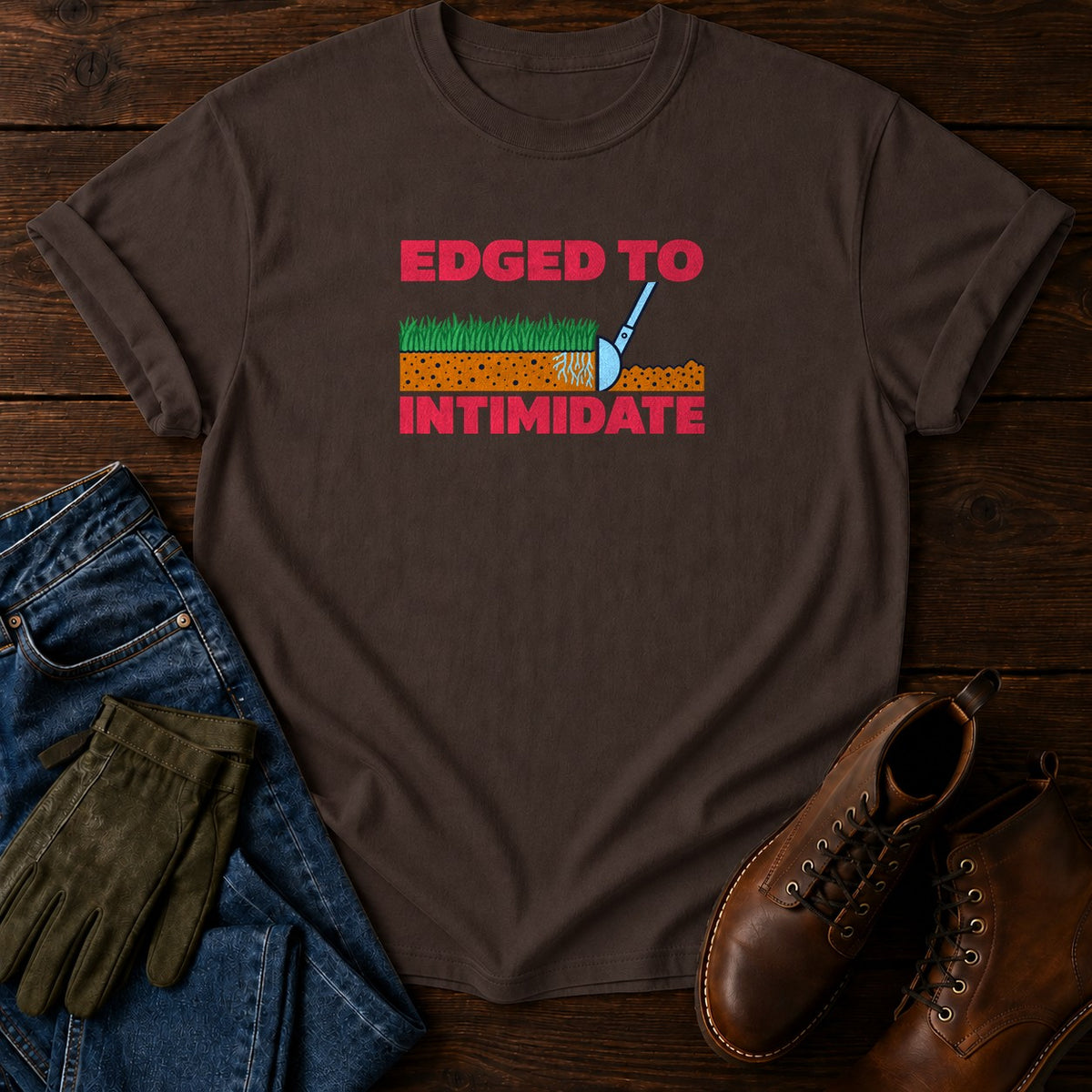 Edged To Intimidate Funny Lawn Edging Humor T-Shirt — Espresso