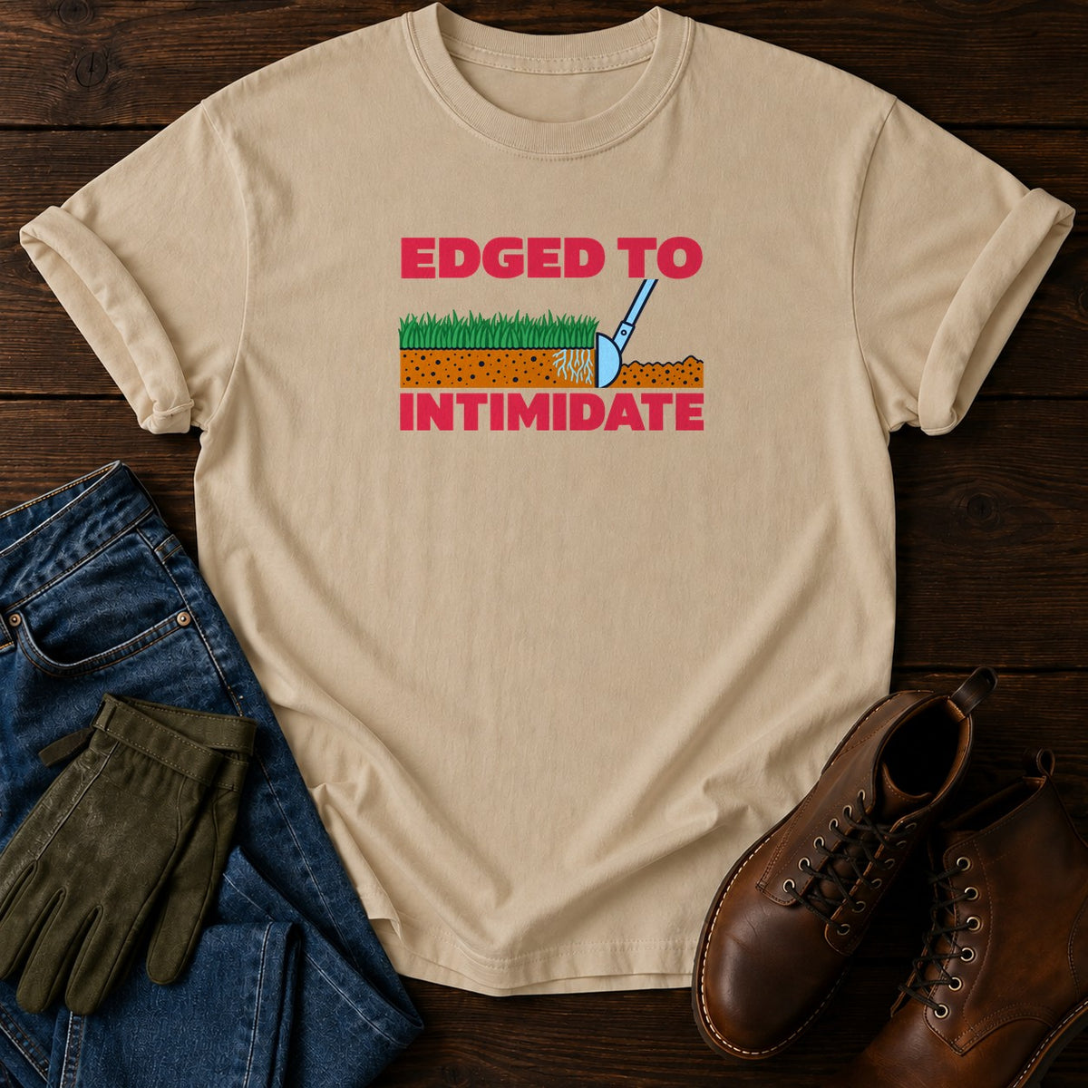 Edged To Intimidate Funny Lawn Edging Humor T-Shirt — Sandstone