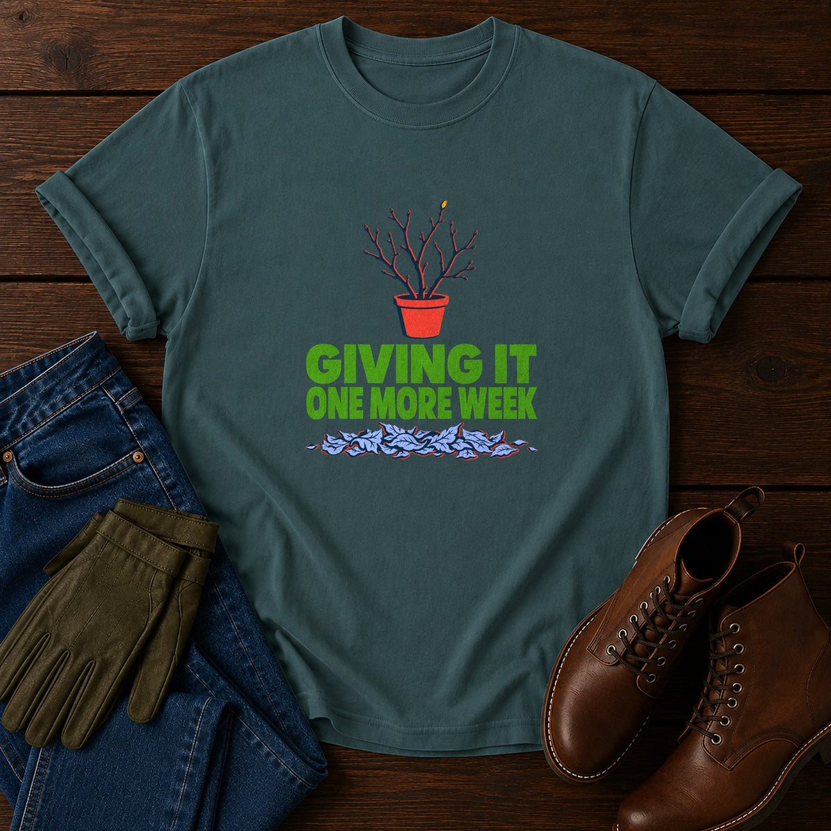 Giving It One More Week Funny Dead Plant Humor T-Shirt — Blue Spruce