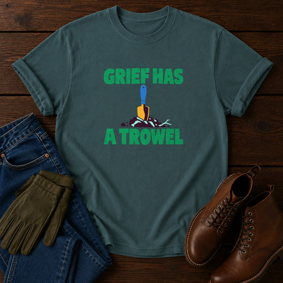Grief Has A Trowel Dark Humor Gardening T-Shirt — Blue Spruce