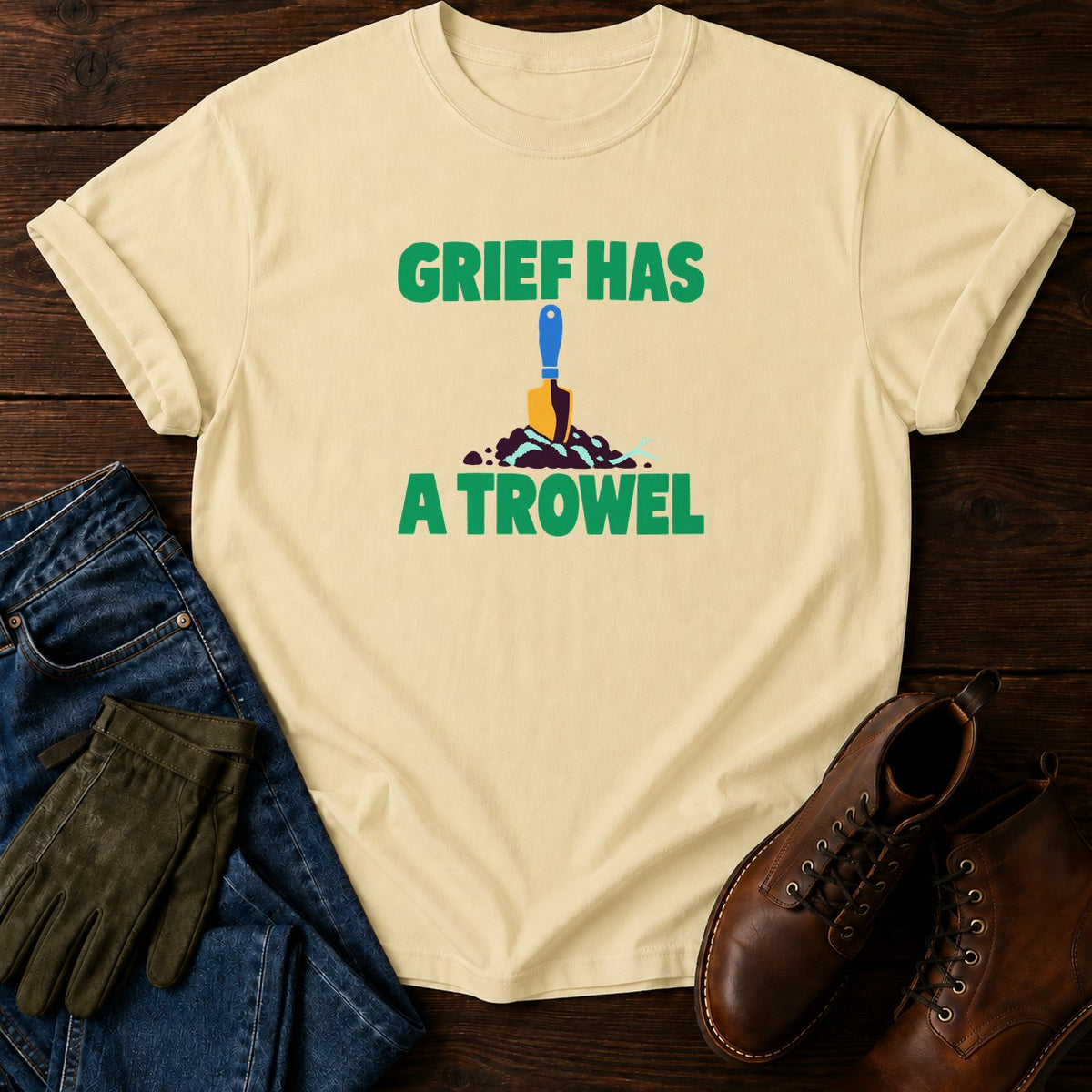 Grief Has A Trowel Dark Humor Gardening T-Shirt — Butter