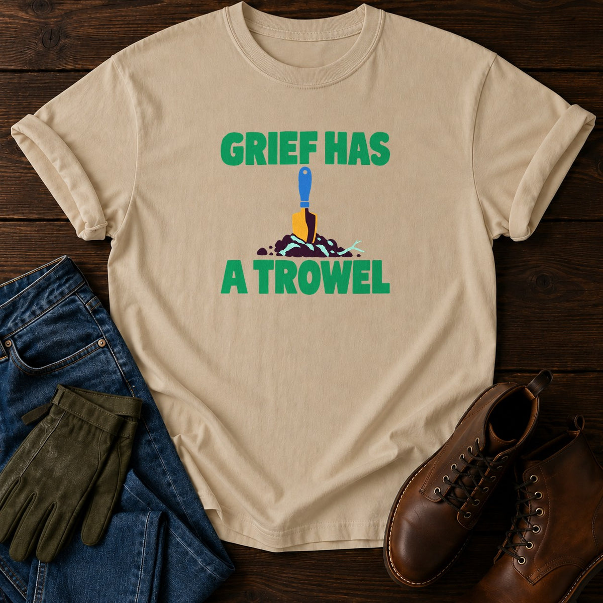 Grief Has A Trowel Dark Humor Gardening T-Shirt — Sandstone