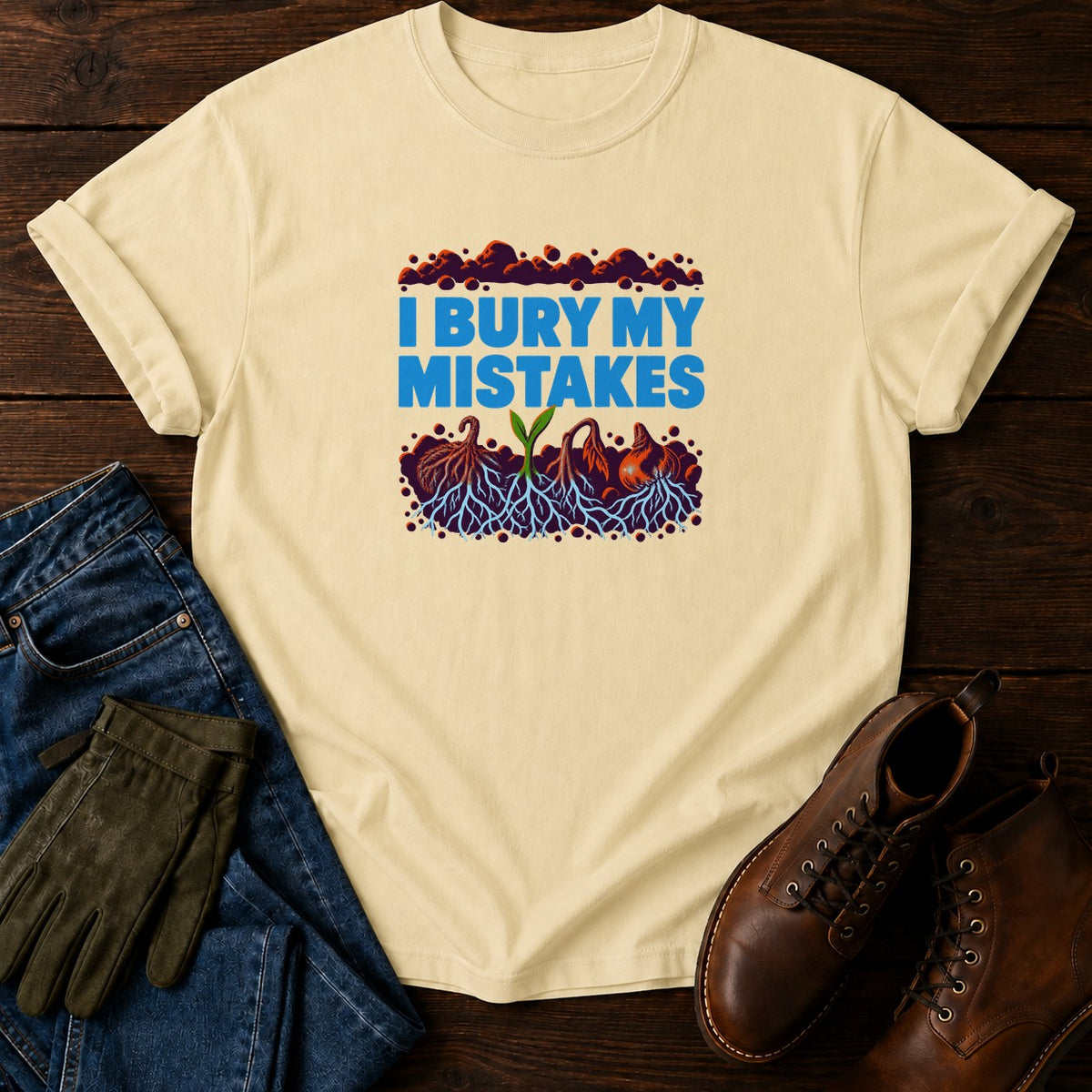 I Bury My Mistakes Funny Dark Humor Gardener T-Shirt — Butter