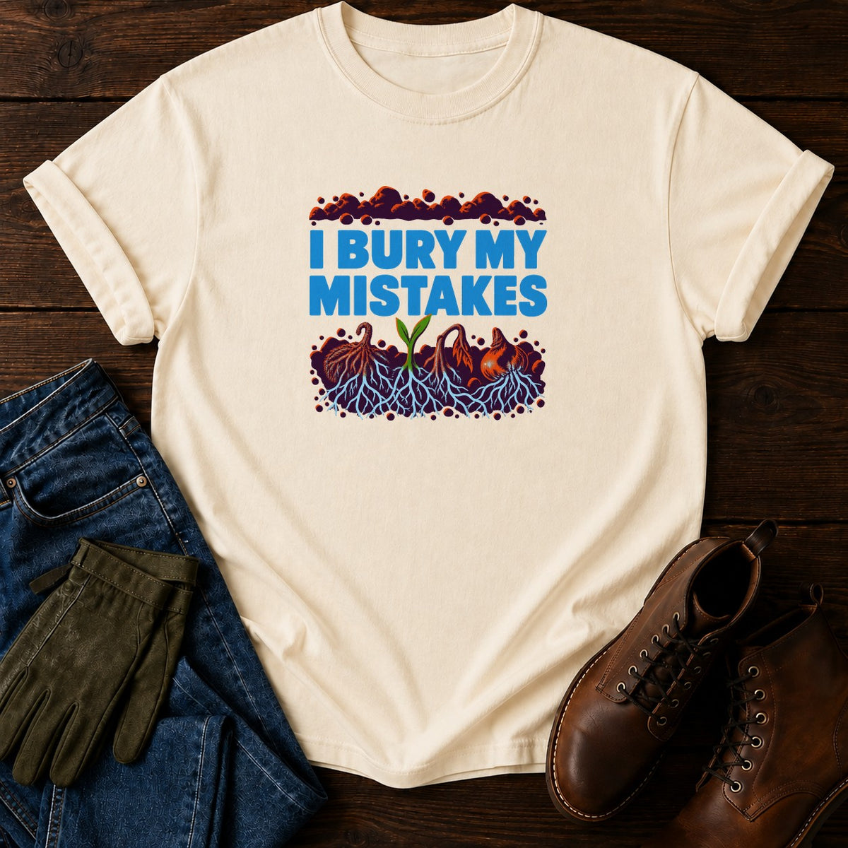I Bury My Mistakes Funny Dark Humor Gardener T-Shirt — Ivory