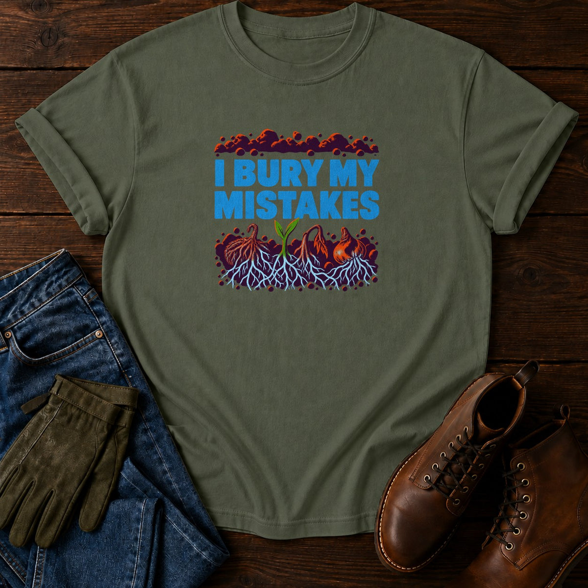 I Bury My Mistakes Funny Dark Humor Gardener T-Shirt — Moss