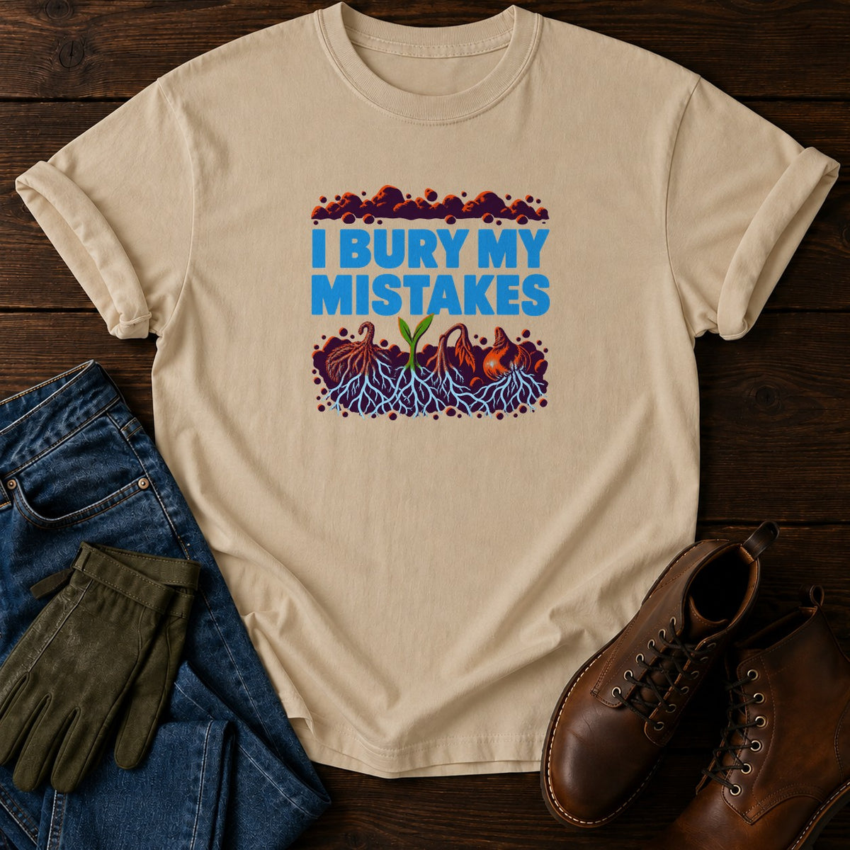 I Bury My Mistakes Funny Dark Humor Gardener T-Shirt — Sandstone