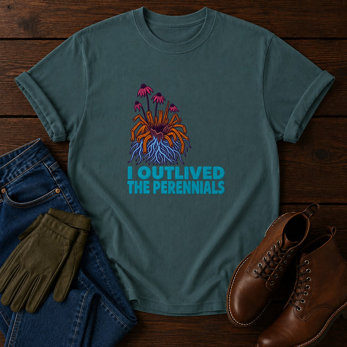 I Outlived The Perennials Dark Humor Garden T-Shirt — Blue Spruce