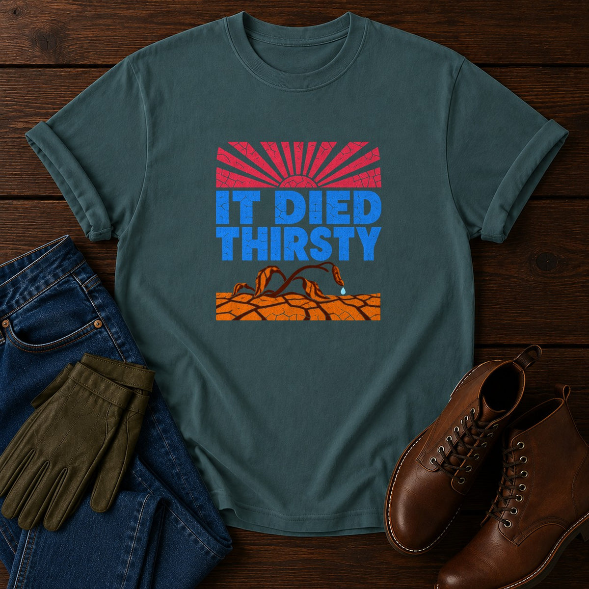 It Died Thirsty Funny Drought Dark Humor Garden T-Shirt — Blue Spruce