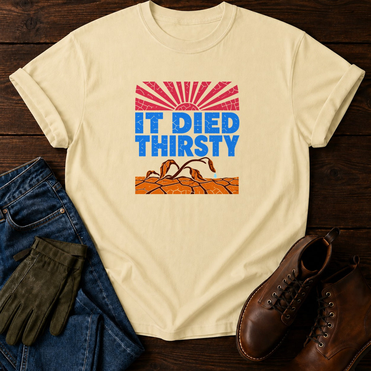 It Died Thirsty Funny Drought Dark Humor Garden T-Shirt — Butter