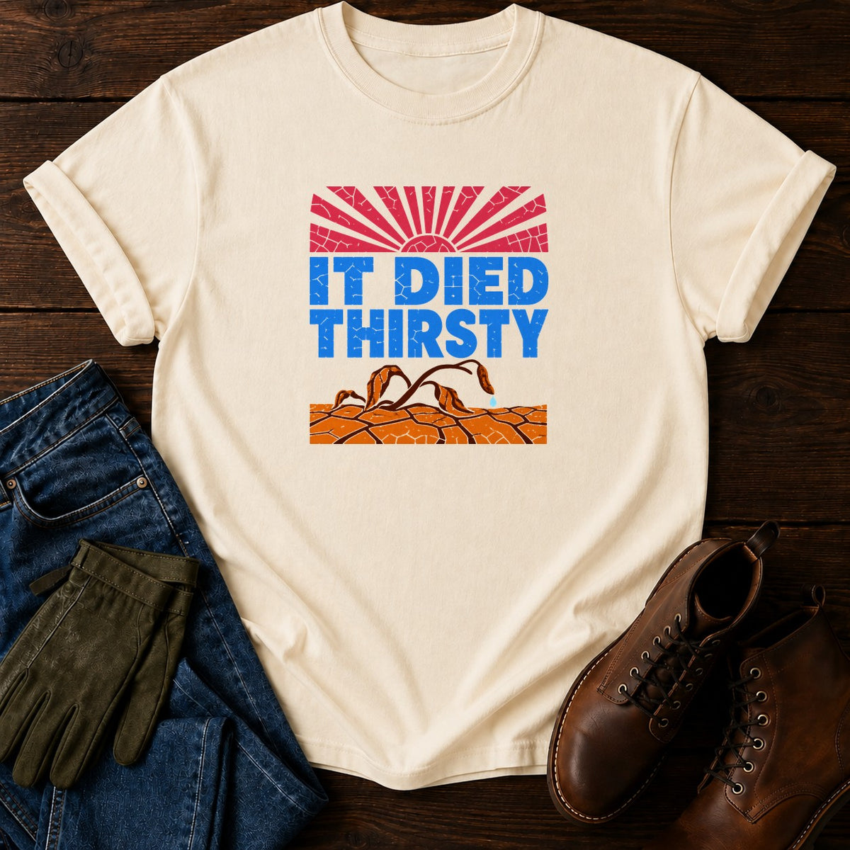 It Died Thirsty Funny Drought Dark Humor Garden T-Shirt — Ivory