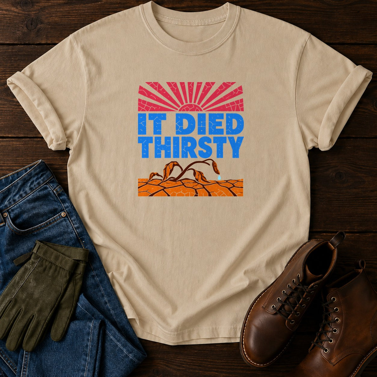 It Died Thirsty Funny Drought Dark Humor Garden T-Shirt — Sandstone