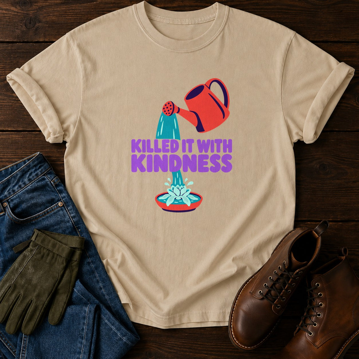 Killed It With Kindness Funny Overwatering Gardener T-Shirt — Sandstone