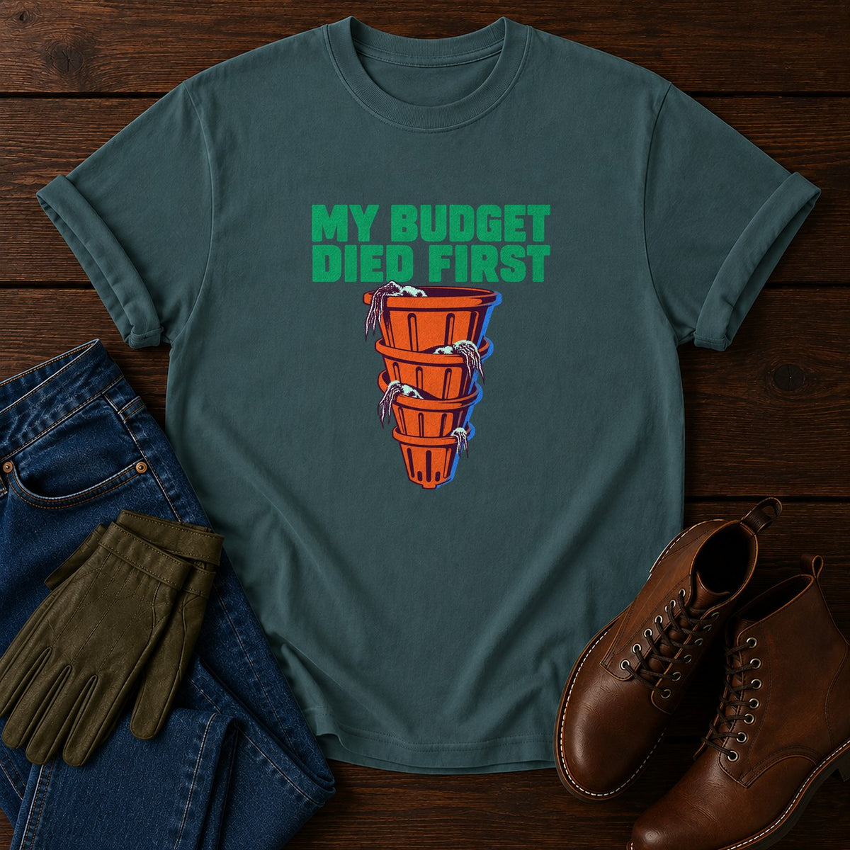 My Budget Died First Funny Plant Shopping Humor T-Shirt — Blue Spruce