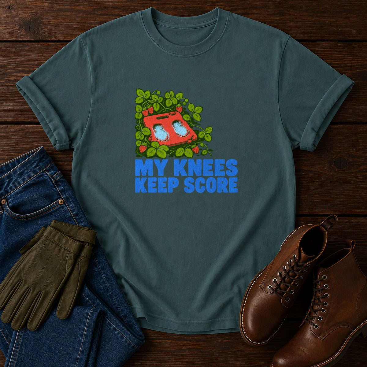 My Knees Keep Score Funny Gardening Humor T-Shirt — Blue Spruce
