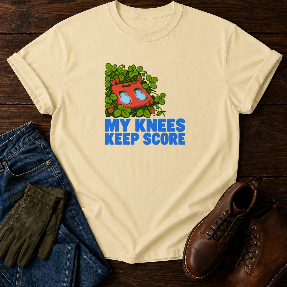 My Knees Keep Score Funny Gardening Humor T-Shirt — Butter