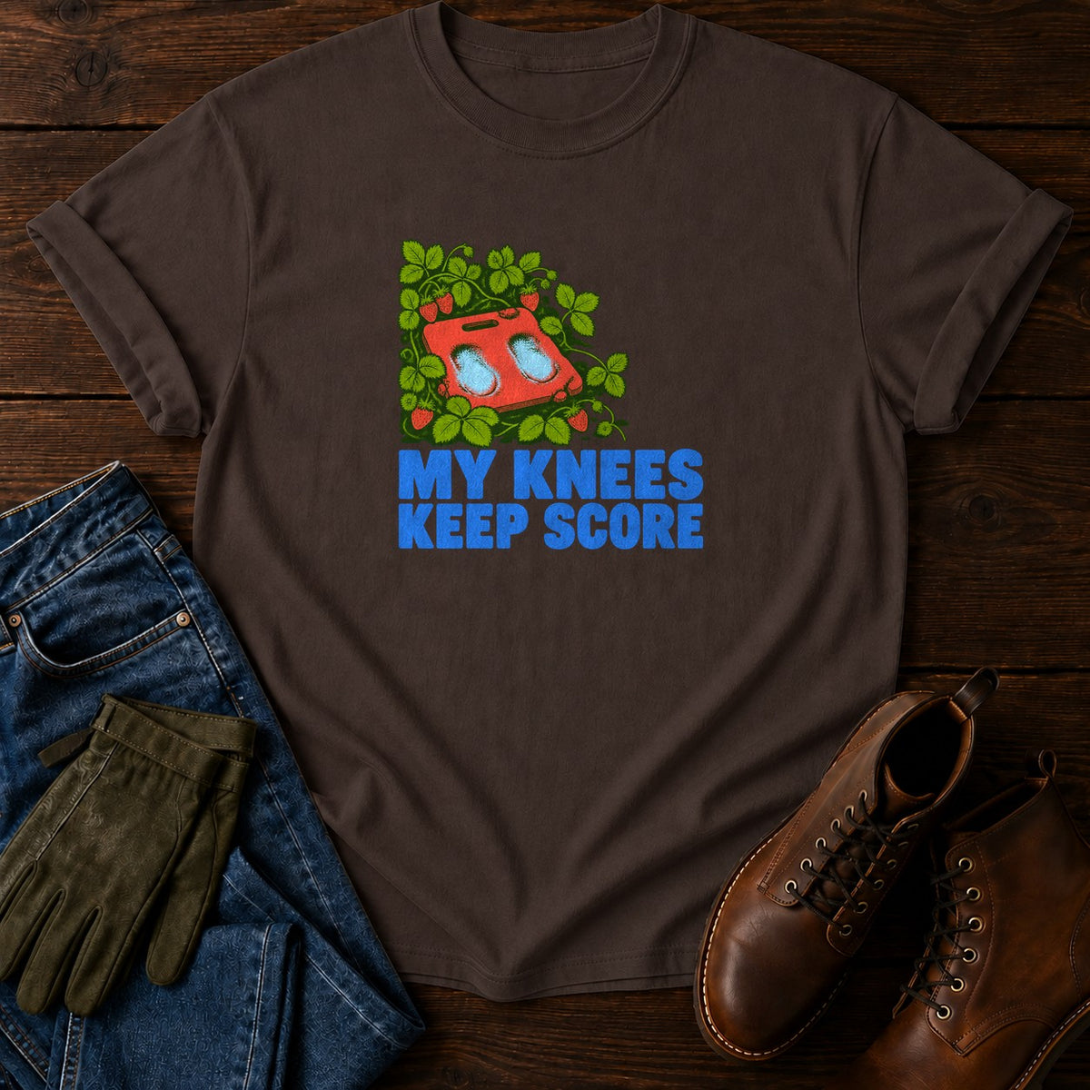 My Knees Keep Score Funny Gardening Humor T-Shirt — Espresso