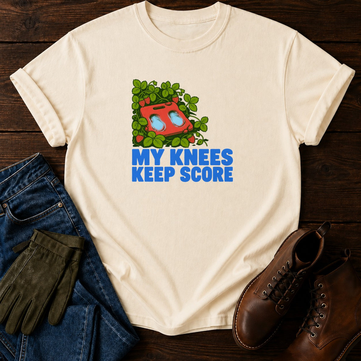 My Knees Keep Score Funny Gardening Humor T-Shirt — Ivory