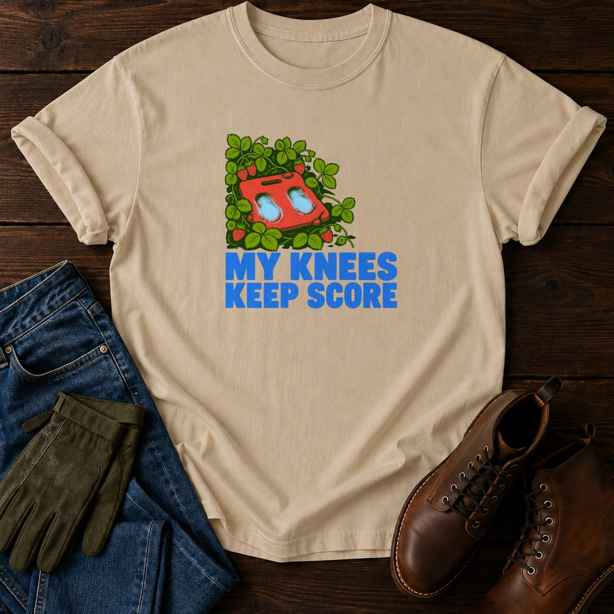 My Knees Keep Score Funny Gardening Humor T-Shirt — Sandstone