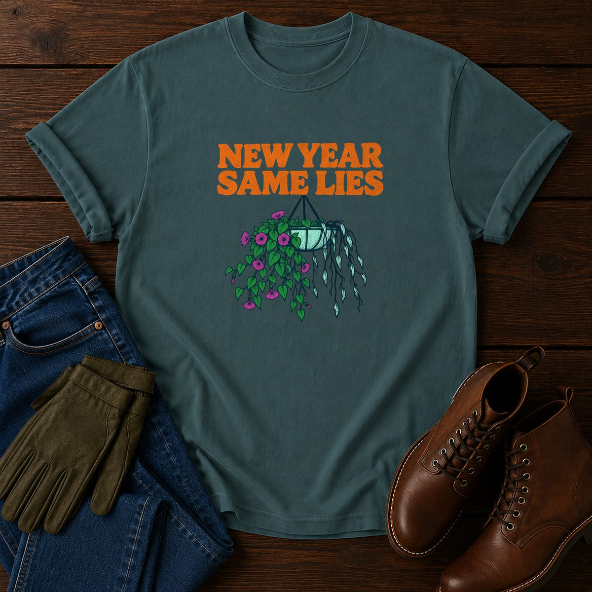 New Year Same Lies Funny Gardening Humor T-Shirt — Blue Spruce